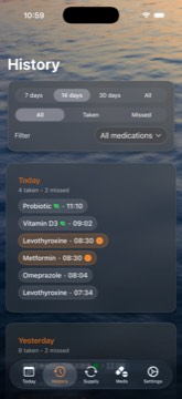 MeD History screen with dose log