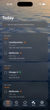 MeD Today screen with upcoming doses